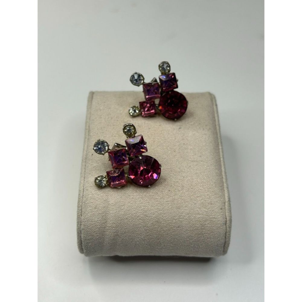 Vintage Pink and Clear Rhinestone Silver Tone Clip On Earrings